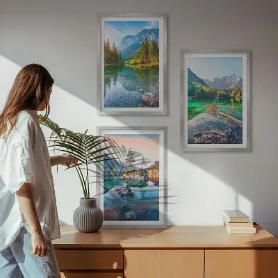 Bjergsøer naturlandskab triptykon billeder med ramme