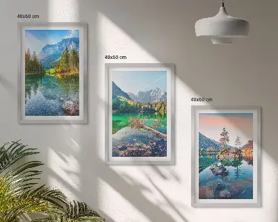 Bjergsøer naturlandskab triptykon billeder med ramme