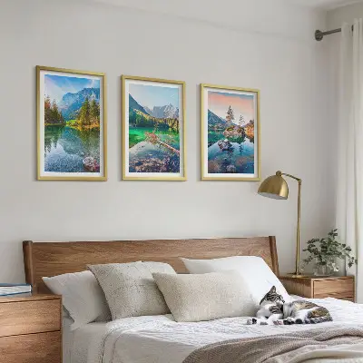 Bjergsøer naturlandskab triptykon billeder med ramme