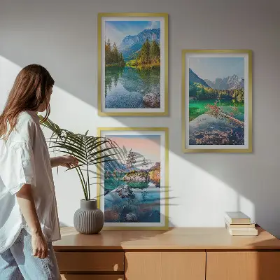 Bjergsøer naturlandskab triptykon billeder med ramme