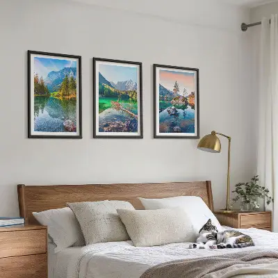 Bjergsøer naturlandskab triptykon billeder med ramme