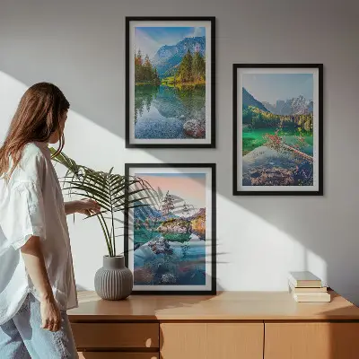 Bjergsøer naturlandskab triptykon billeder med ramme