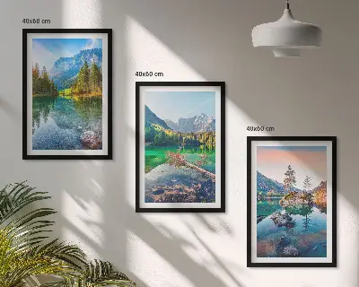 Bjergsøer naturlandskab triptykon billeder med ramme