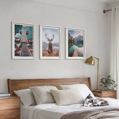Triptykon billeder med ramme Søbåde hjorte bjerge