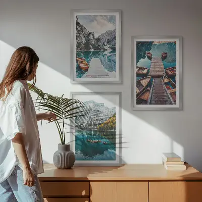 Billedsæt til soveværelset med motiv af sø, broer og bjerge
