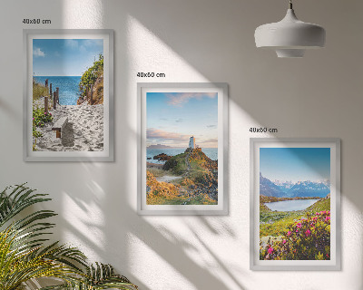 Triptykon billeder med ramme Strand, fyrtårn, bjerge, blomster