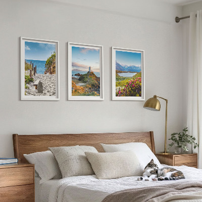 Triptykon billeder med ramme Strand, fyrtårn, bjerge, blomster