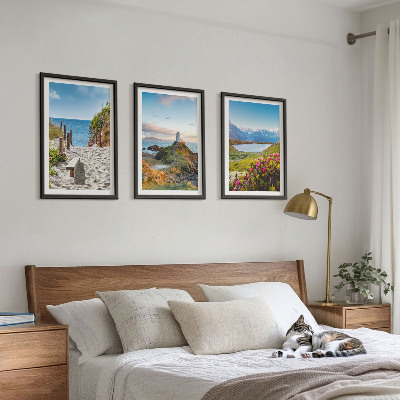 Triptykon billeder med ramme Strand, fyrtårn, bjerge, blomster