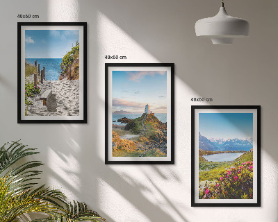 Triptykon billeder med ramme Strand, fyrtårn, bjerge, blomster