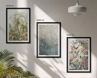 Triptykon billeder med ramme med motiv af tropiske planter, fugle og natur