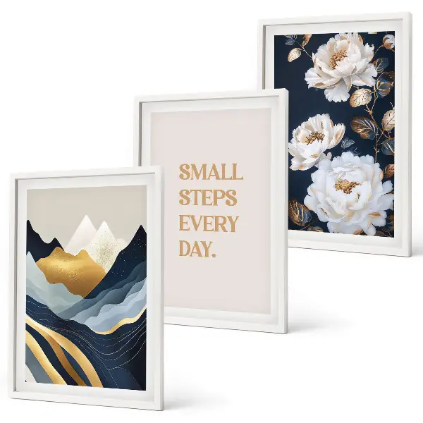 Triptykon billeder med ramme abstrakte bjerge med blomsterinspiration