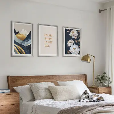 Triptykon billeder med ramme abstrakte bjerge med blomsterinspiration