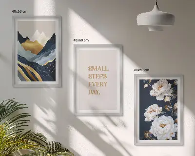 Triptykon billeder med ramme abstrakte bjerge med blomsterinspiration