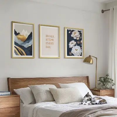 Triptykon billeder med ramme abstrakte bjerge med blomsterinspiration