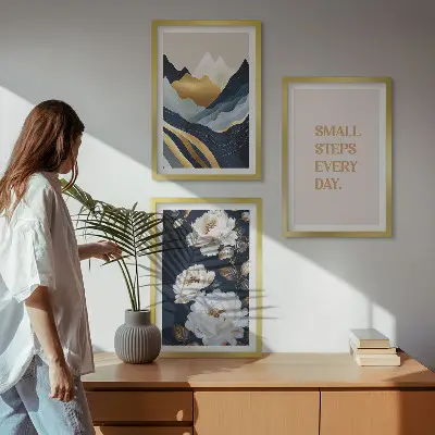 Triptykon billeder med ramme abstrakte bjerge med blomsterinspiration