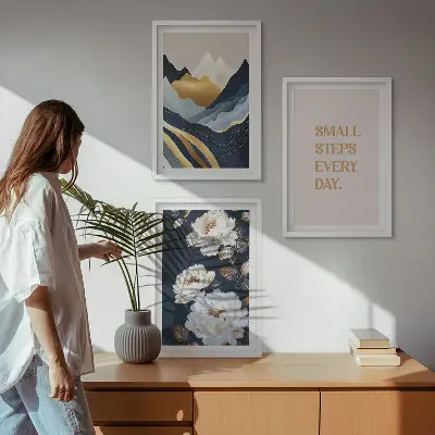 Triptykon billeder med ramme abstrakte bjerge med blomsterinspiration