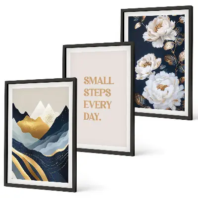 Triptykon billeder med ramme abstrakte bjerge med blomsterinspiration