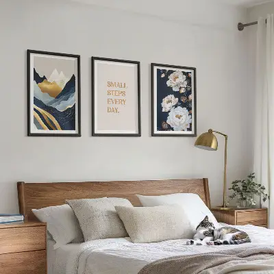 Triptykon billeder med ramme abstrakte bjerge med blomsterinspiration