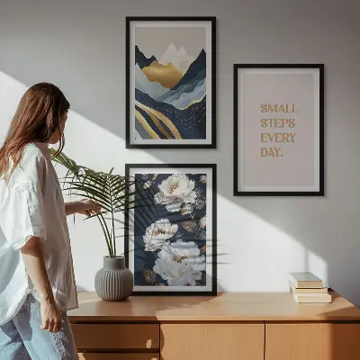 Triptykon billeder med ramme abstrakte bjerge med blomsterinspiration