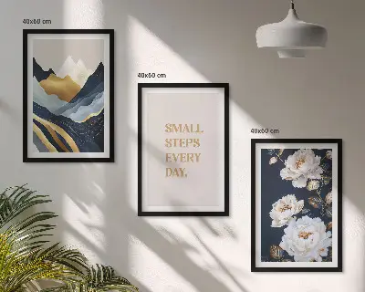 Triptykon billeder med ramme abstrakte bjerge med blomsterinspiration