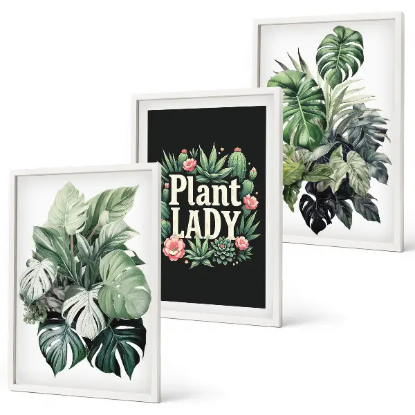 Billedsæt til soveværelset med motiv af tropiske planter og teksten Plant Lady