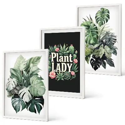 Billedsæt til soveværelset med motiv af tropiske planter og teksten Plant Lady