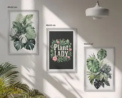 Billedsæt til soveværelset med motiv af tropiske planter og teksten Plant Lady