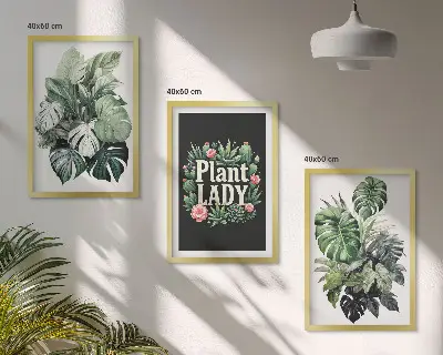 Billedsæt til soveværelset med motiv af tropiske planter og teksten Plant Lady