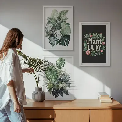 Billedsæt til soveværelset med motiv af tropiske planter og teksten Plant Lady