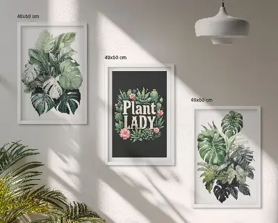 Billedsæt til soveværelset med motiv af tropiske planter og teksten Plant Lady