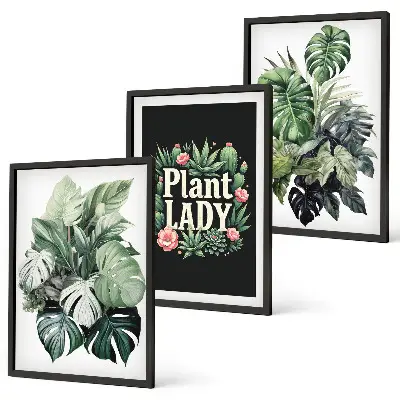 Billedsæt til soveværelset med motiv af tropiske planter og teksten Plant Lady