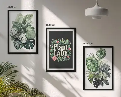 Billedsæt til soveværelset med motiv af tropiske planter og teksten Plant Lady