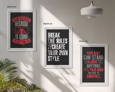 Billedvæg med inspiration motivationalt tema om træning og selvudvikling