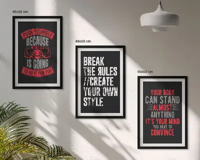 Billedvæg med inspiration motivationalt tema om træning og selvudvikling