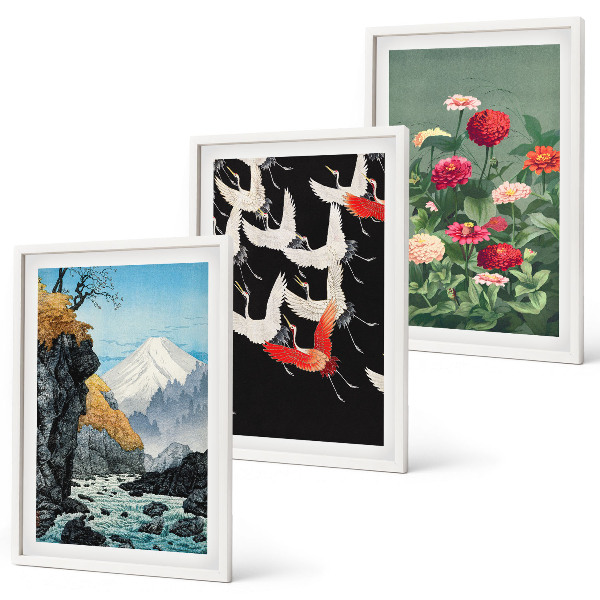 Triptykon billeder med ramme Bjerge vandfald fugle blomster