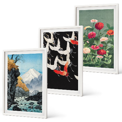 Triptykon billeder med ramme Bjerge vandfald fugle blomster