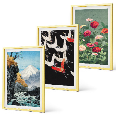 Triptykon billeder med ramme Bjerge vandfald fugle blomster