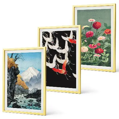 Triptykon billeder med ramme med motiv af bjerge, vandfald, fugle og blomster