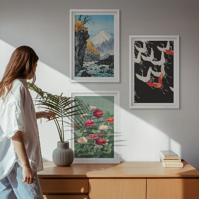 Triptykon billeder med ramme Bjerge vandfald fugle blomster