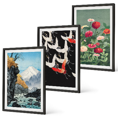 Triptykon billeder med ramme Bjerge vandfald fugle blomster