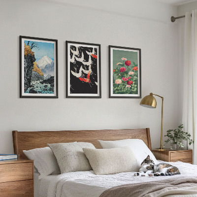 Triptykon billeder med ramme Bjerge vandfald fugle blomster