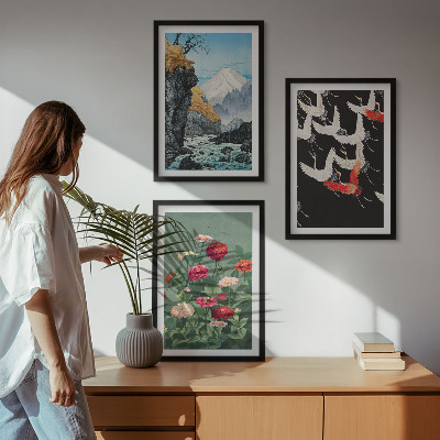 Triptykon billeder med ramme Bjerge vandfald fugle blomster