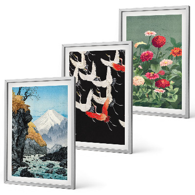 Triptykon billeder med ramme Bjerge vandfald fugle blomster