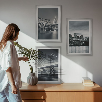 Triptykon billeder med ramme Broer, byarkitektur, grå