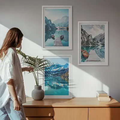 Billedsæt til soveværelset med motiv af bjergsøer og refleksioner