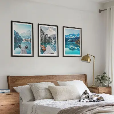 Billedsæt til soveværelset med motiv af bjergsøer og refleksioner