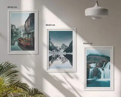 Billedvæg med bjerglandskaber motiv af vandfald og sø