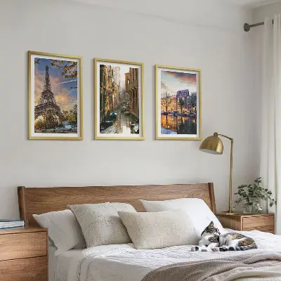 Triptykon med Eiffeltårnet, Venedig og Amsterdam kanaler billeder med ramme
