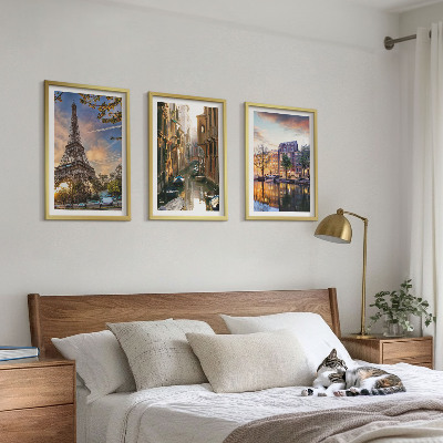 Triptykon billeder med ramme Eiffeltårnet Venedig Amsterdam kanaler
