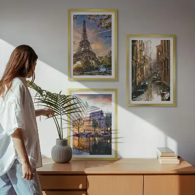 Triptykon med Eiffeltårnet, Venedig og Amsterdam kanaler billeder med ramme